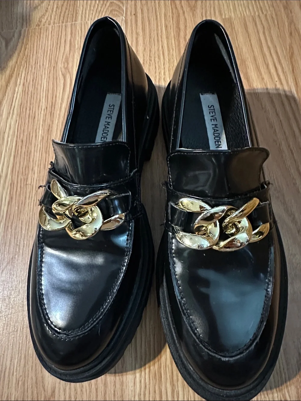 Steve Madden Black Patent Loafers with Gold Chain Detail
